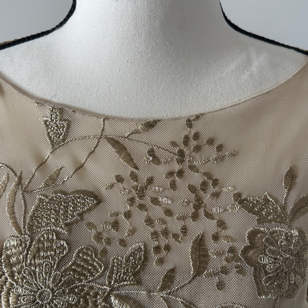 David Meister Champagne Beaded Floral Long-Sleeve Dress Size 6 - Picture 6 of 13